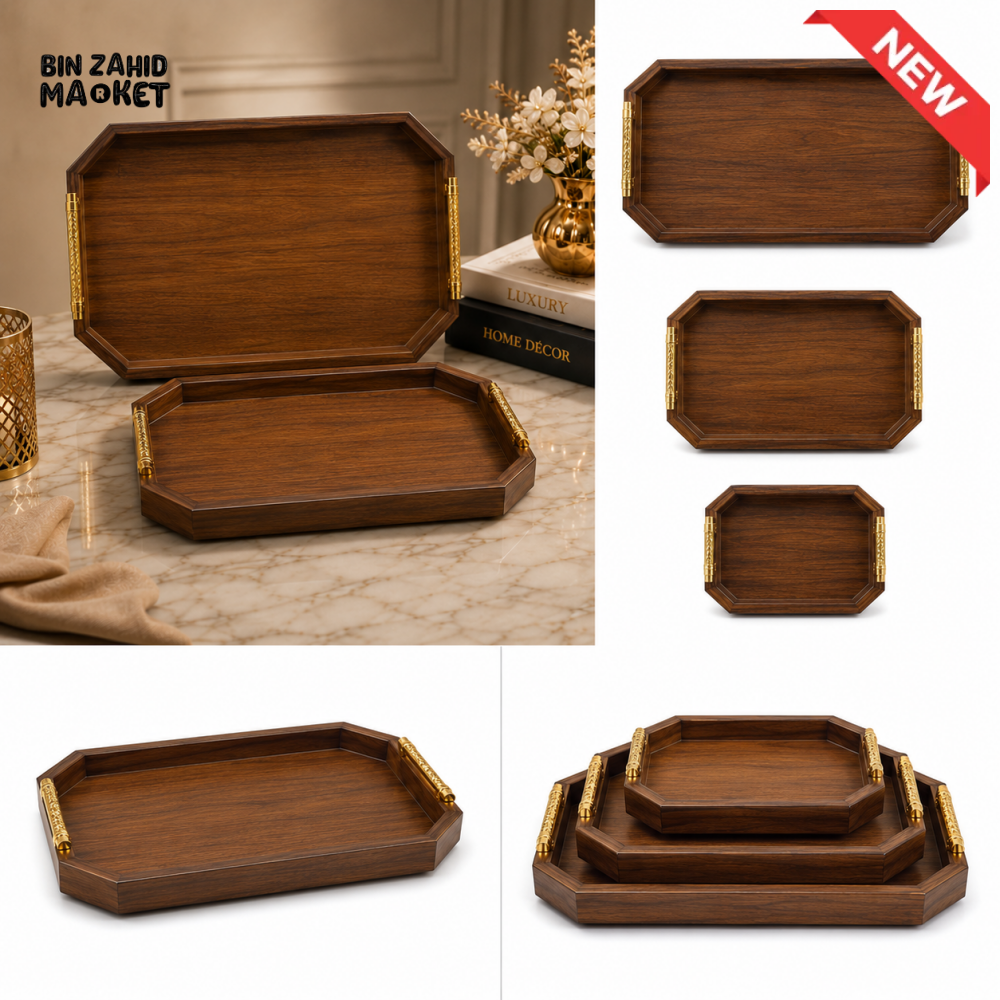 PREMIUM WOODEN SERVING TRAY SET WITH GOLD HANDLES 3-PIECES SET