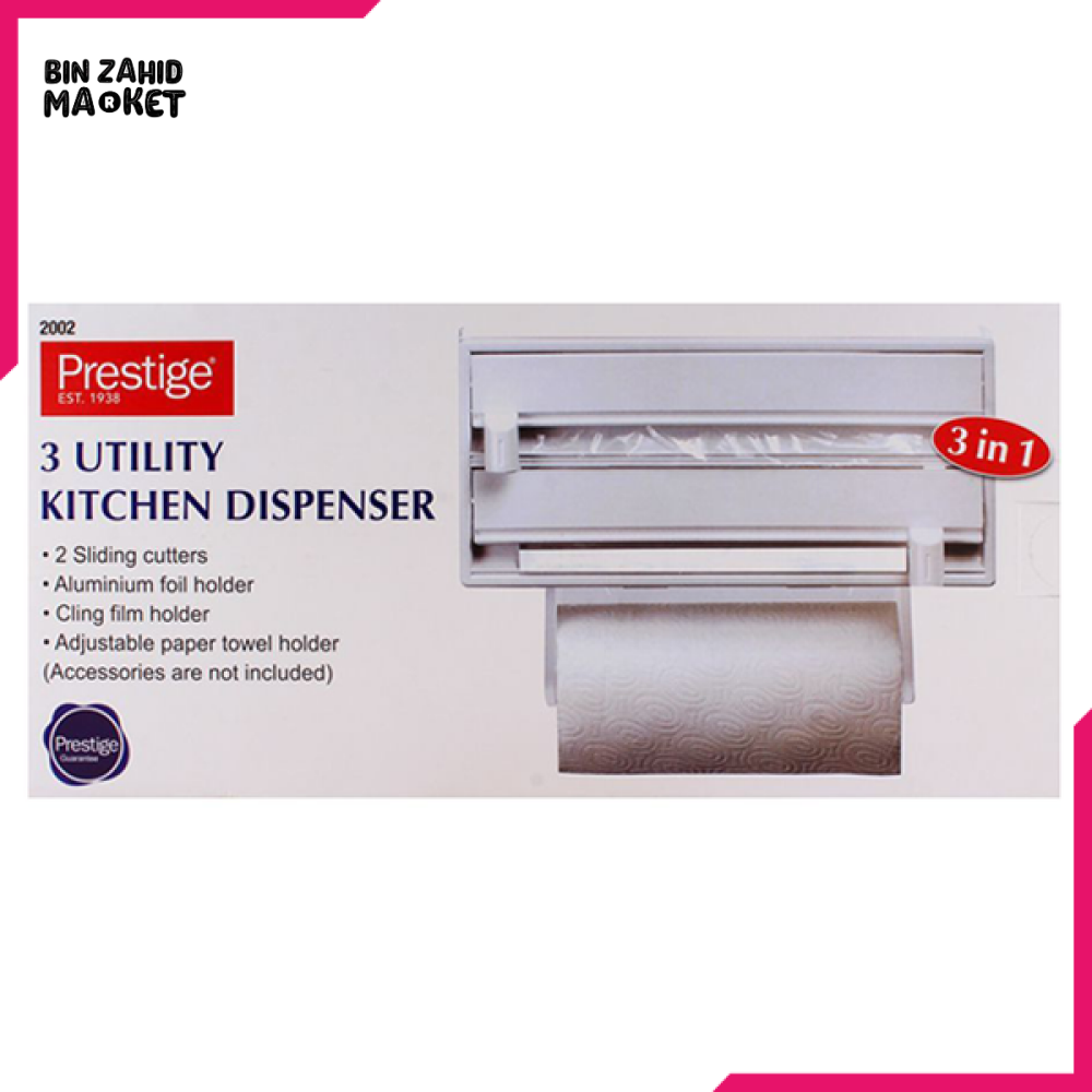 PRESTIGE 3 IN 1 KITCHEN ROLL DISPENSER – TISSUE, FOIL & WRAP HOLDER WALL MOUNT ORGANIZER