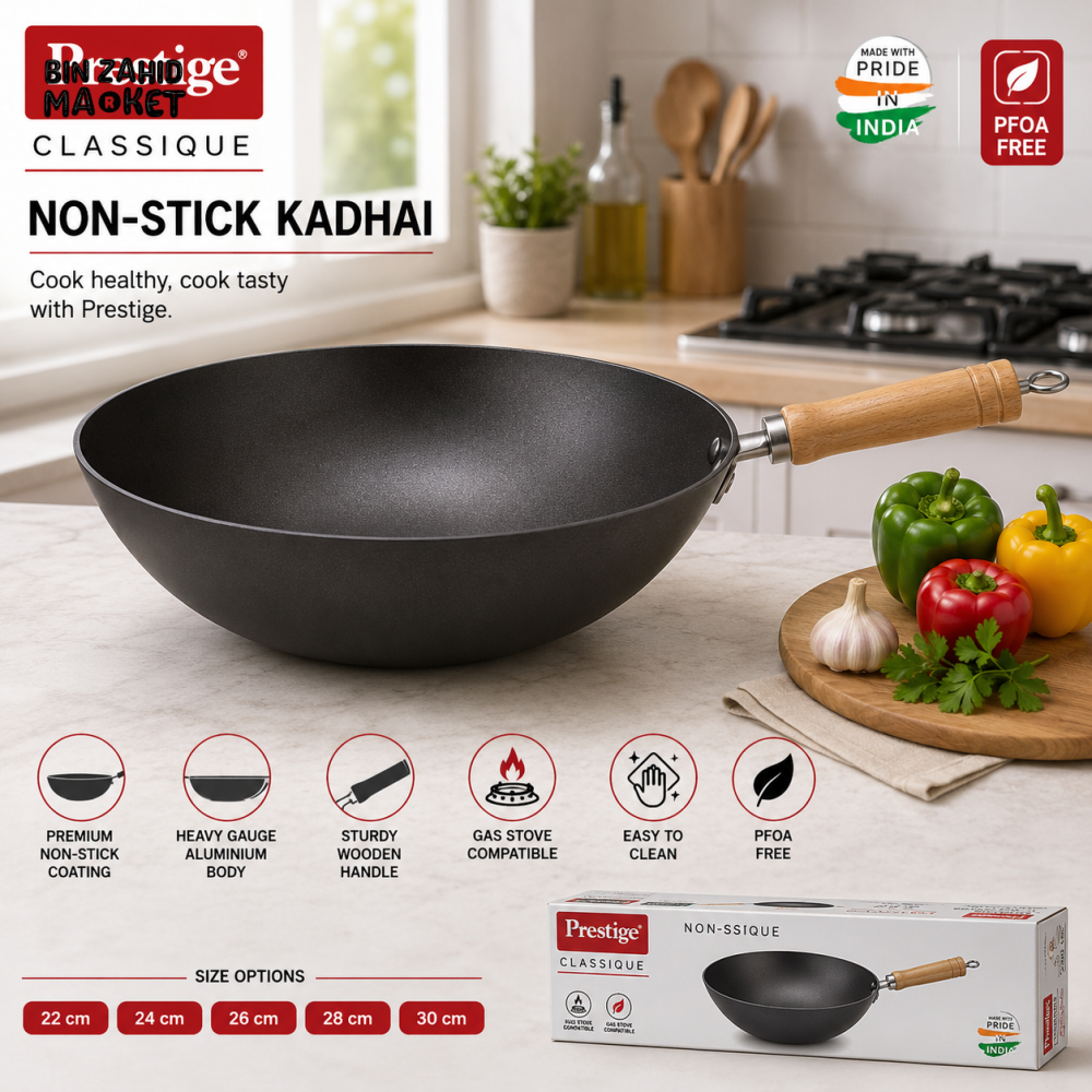 PRESTIGE CLASSIQUE NON-STICK KADHAI WITH WOODEN HANDLE - 32 CM