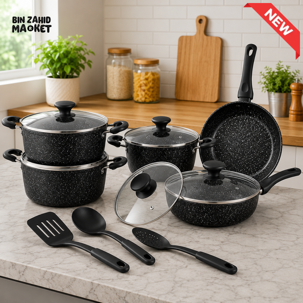 PRESTIGE GRANITE NON-STICK COOKWARE BLACK SET - 12 PIECE SET