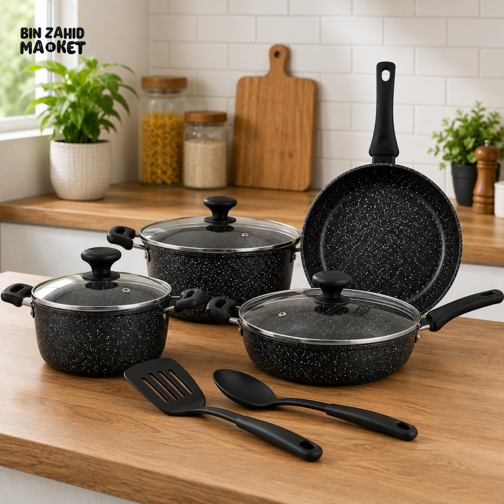 PRESTIGE GRANITE NON-STICK COOKWARE BLACK SET - 9 PIECE SET