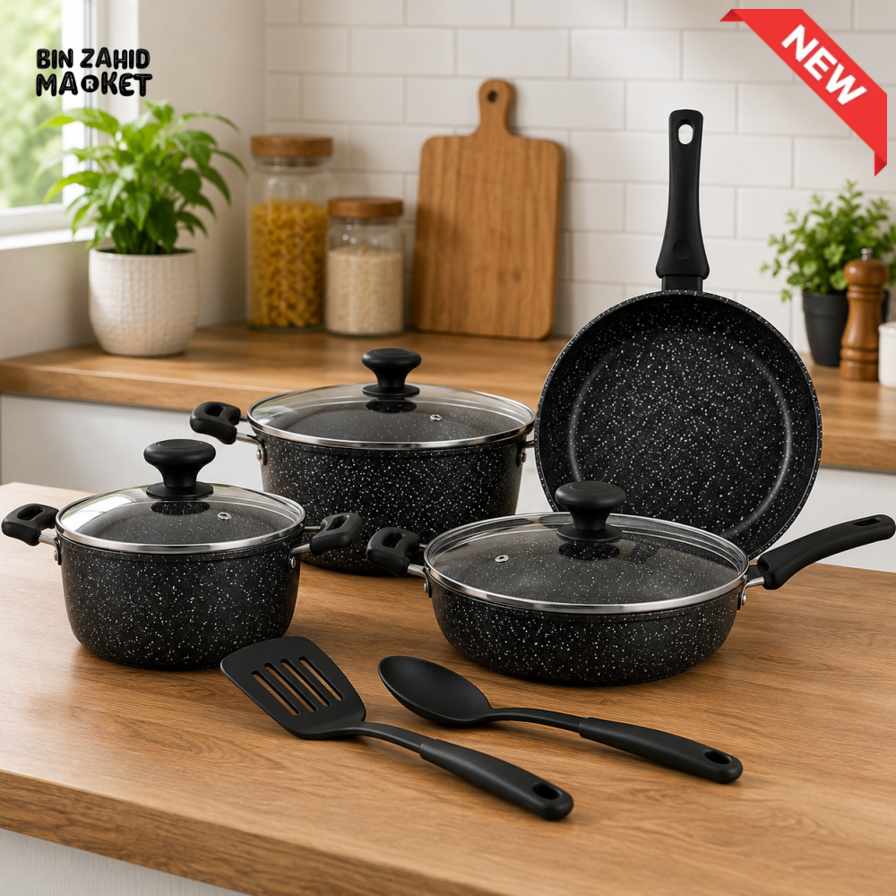 PRESTIGE GRANITE NON-STICK COOKWARE BLACK SET - 9 PIECE SET