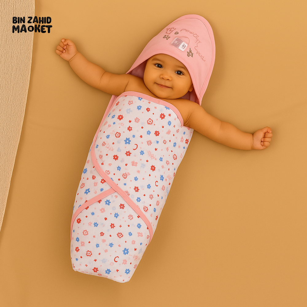 PRETTY HOUSE PINK HOODED BABY WRAP – FLORAL PRINT COTTON NEWBORN SWADDLE