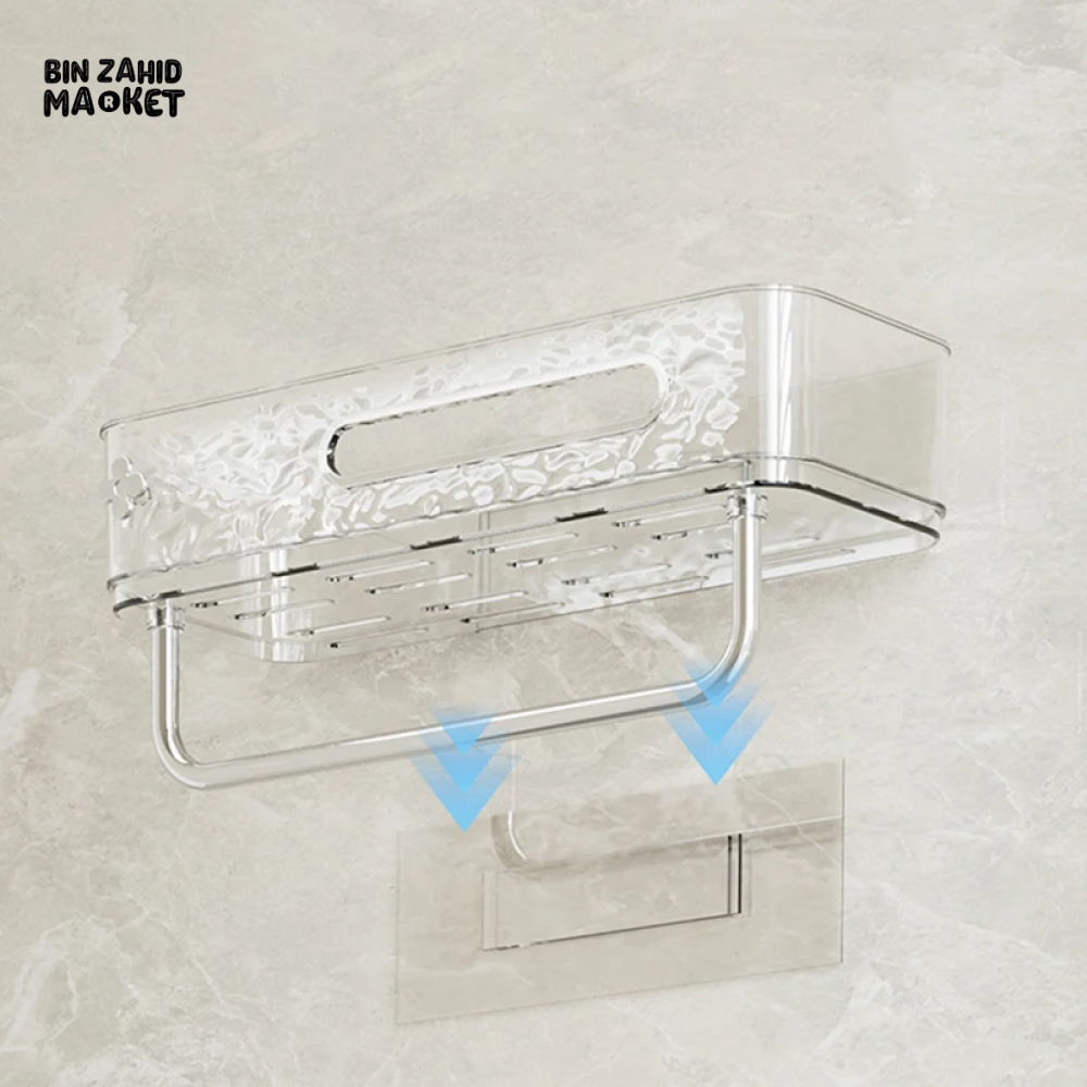 PUNCH-FREE WALL MOUNTED BATHROOM STORAGE RACK PACK OF 2 – TRANSPARENT TOILETRIES & MAKEUP ORGANIZER TRAY