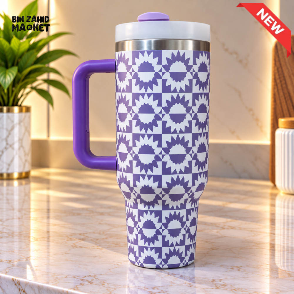 PURPLE & WHITE PATTERNED STAINLESS STEEL INSULATED TRAVEL TUMBLER WITH HANDL 40OZ