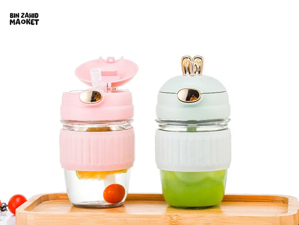 RABBIT DESIGN GLASS STRAW CUP CUTE PORTABLE COFFEE & BEVERAGE CUP GIFT-WORTHY WATER TUMBLER