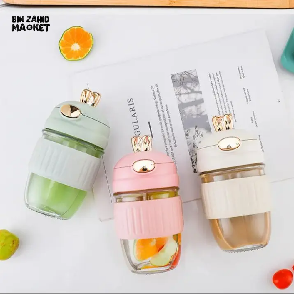 RABBIT DESIGN GLASS STRAW CUP CUTE PORTABLE COFFEE & BEVERAGE CUP GIFT-WORTHY WATER TUMBLER