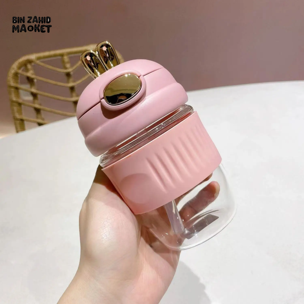 RABBIT DESIGN GLASS STRAW CUP CUTE PORTABLE COFFEE & BEVERAGE CUP GIFT-WORTHY WATER TUMBLER