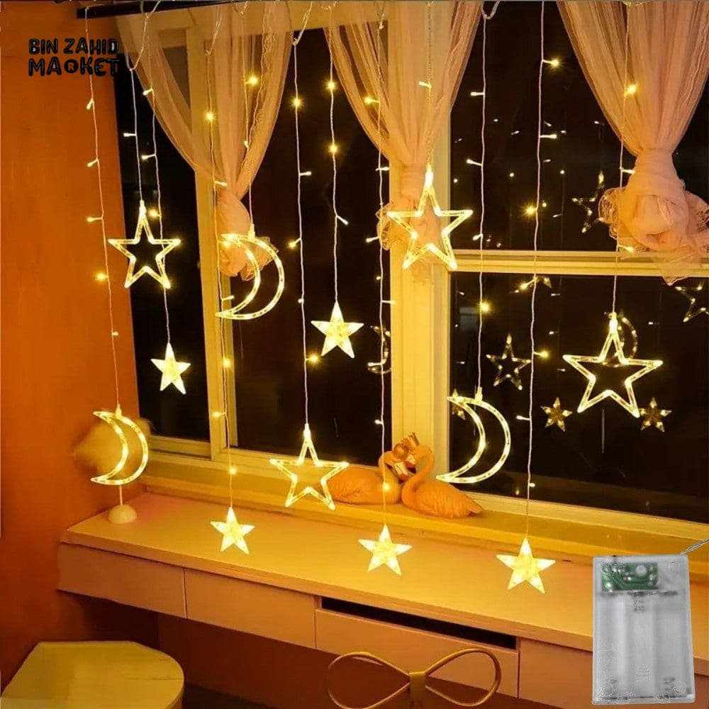 DECORA STAR & CRESCENT CURTAIN LED LIGHTS β WARM GLOW FESTIVE HOME DECOR