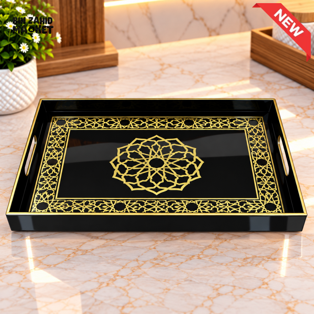 RECTANGULAR BLACK & GOLD ORNAMENTAL DESIGN SERVING TRAY - Serving Trays