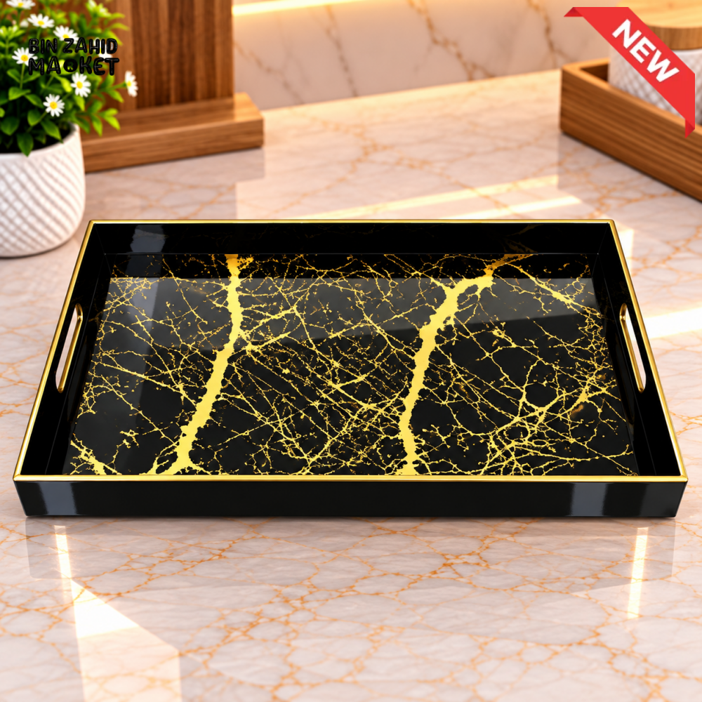 RECTANGULAR BLACK MARBLE DESIGN SERVING TRAY WITH GOLD DETAILING - MEDIUM - Serving Trays