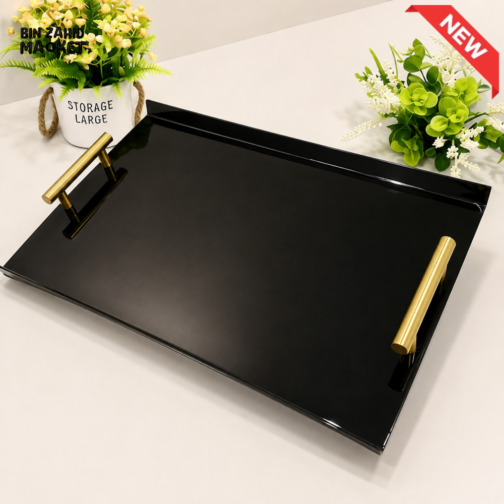 RECTANGULAR BLACK SERVING TRAY WITH GOLD HANDLES