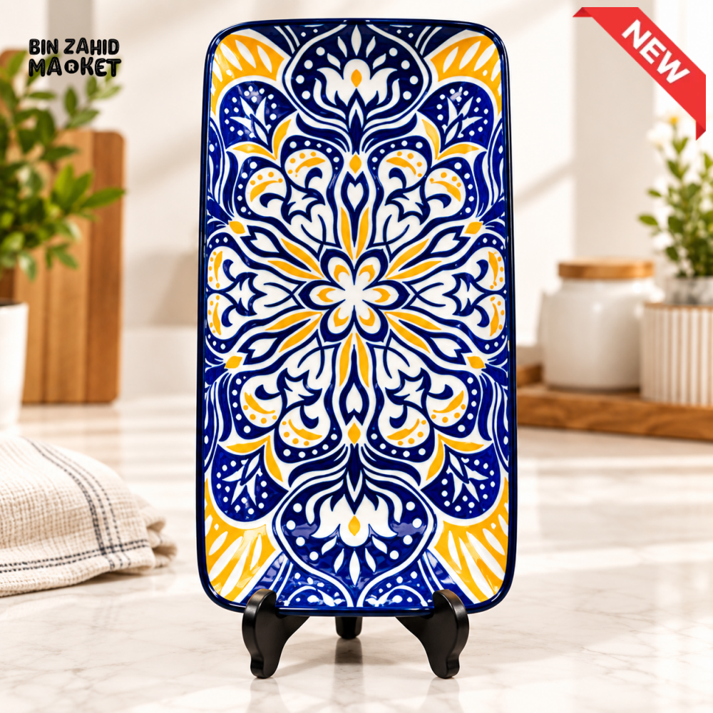 RECTANGULAR CERAMIC SERVING PLATTER WITH BLUE AND GOLD FLORAL DESIGN - Platters