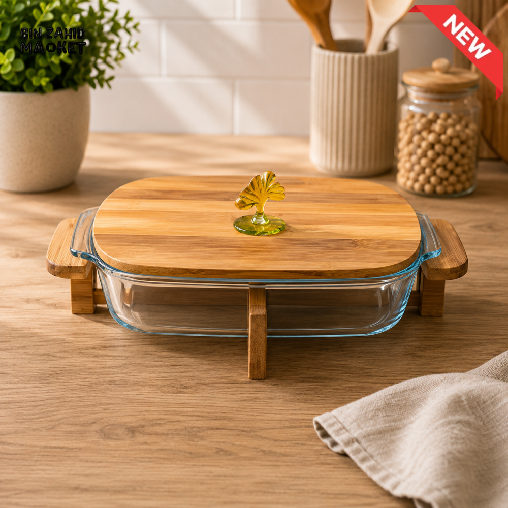RECTANGULAR GLASS SERVING DISH WITH BAMBOO LID & STAND - SMALL