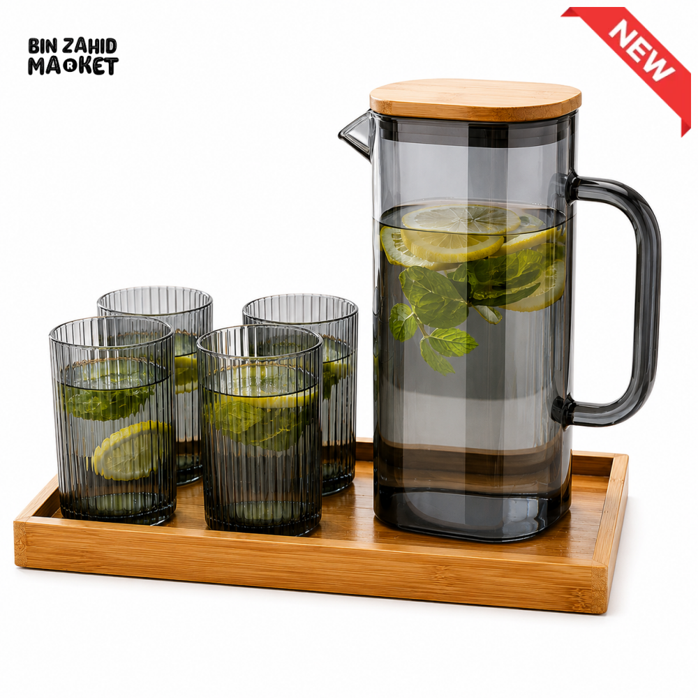 RECTANGULAR GLASS WATER PITCHER SET WITH 4 RIBBED GLASSES & BAMBOO TRAY - SMOKY GRAY