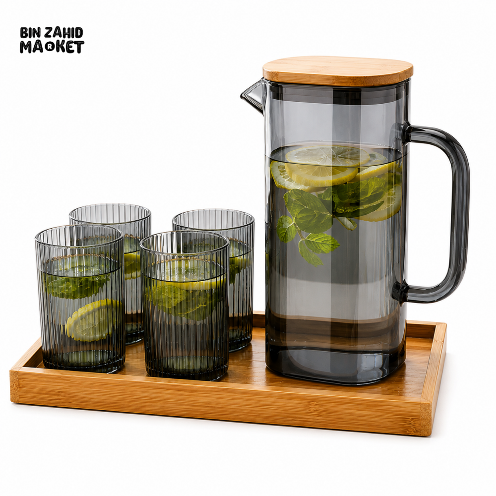 RECTANGULAR GLASS WATER PITCHER SET WITH 4 RIBBED GLASSES & BAMBOO TRAY - SMOKY GRAY