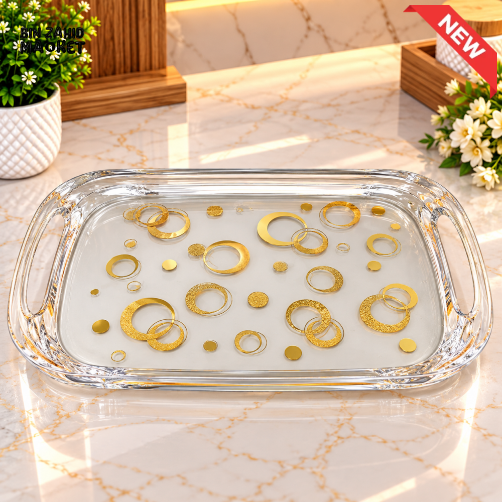 RECTANGULAR TRANSPARENT SERVING TRAY WITH GOLD CIRCLE DESIGN - Serving Trays