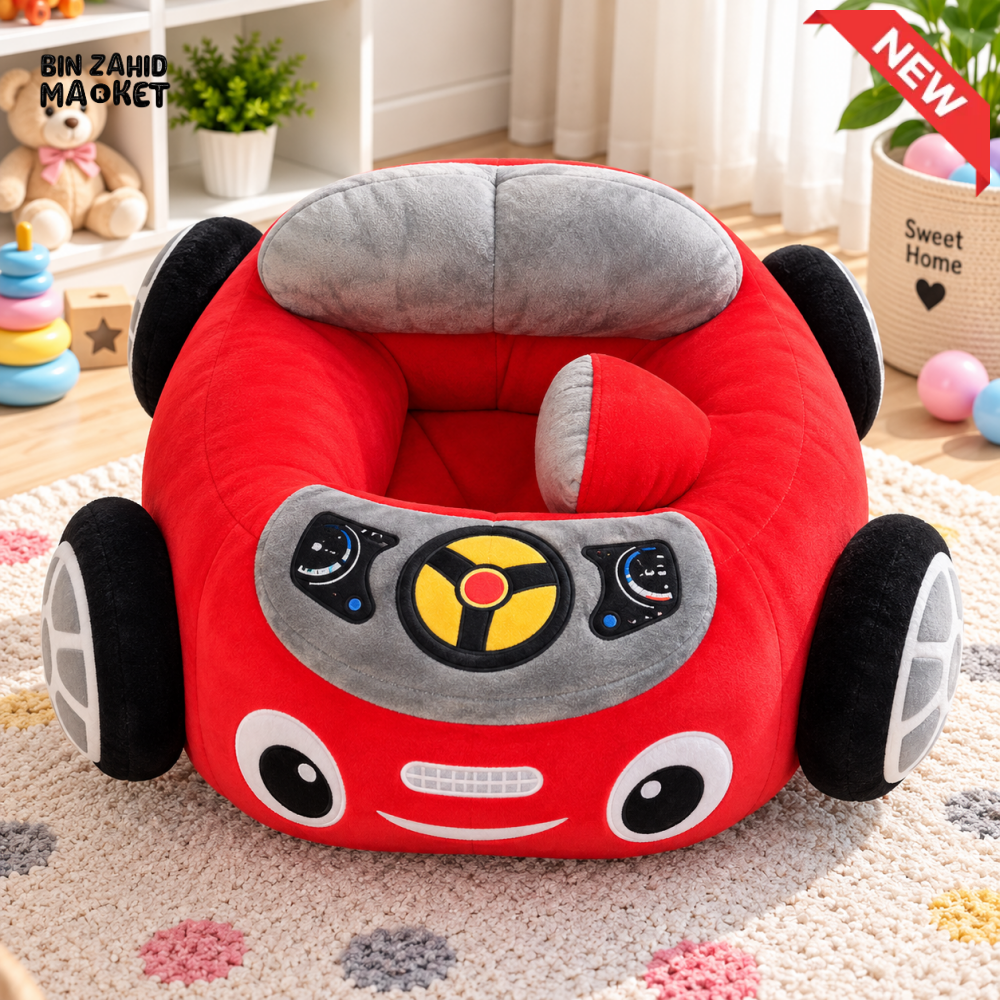 RED CAR SHAPED PLUSH BABY SUPPORT SEAT WITH STEERING WHEEL DESIGN