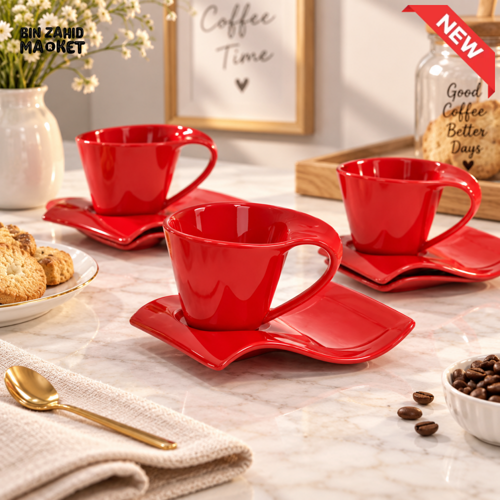RED CERAMIC TEA CUP WITH RECTANGULAR SAUCER - 1 PIECE