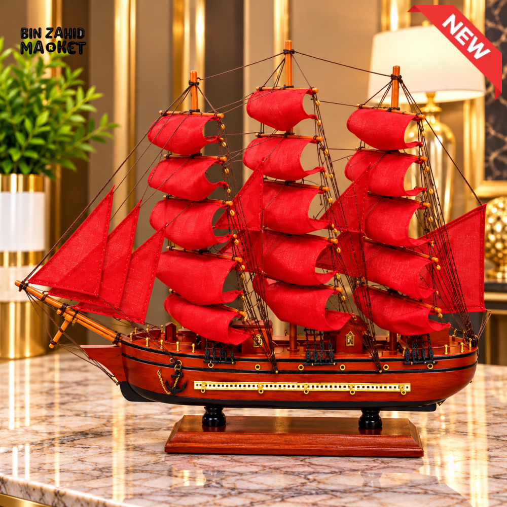 RED SAIL WOODEN SHIP DECORATIVE SHOWPIECE