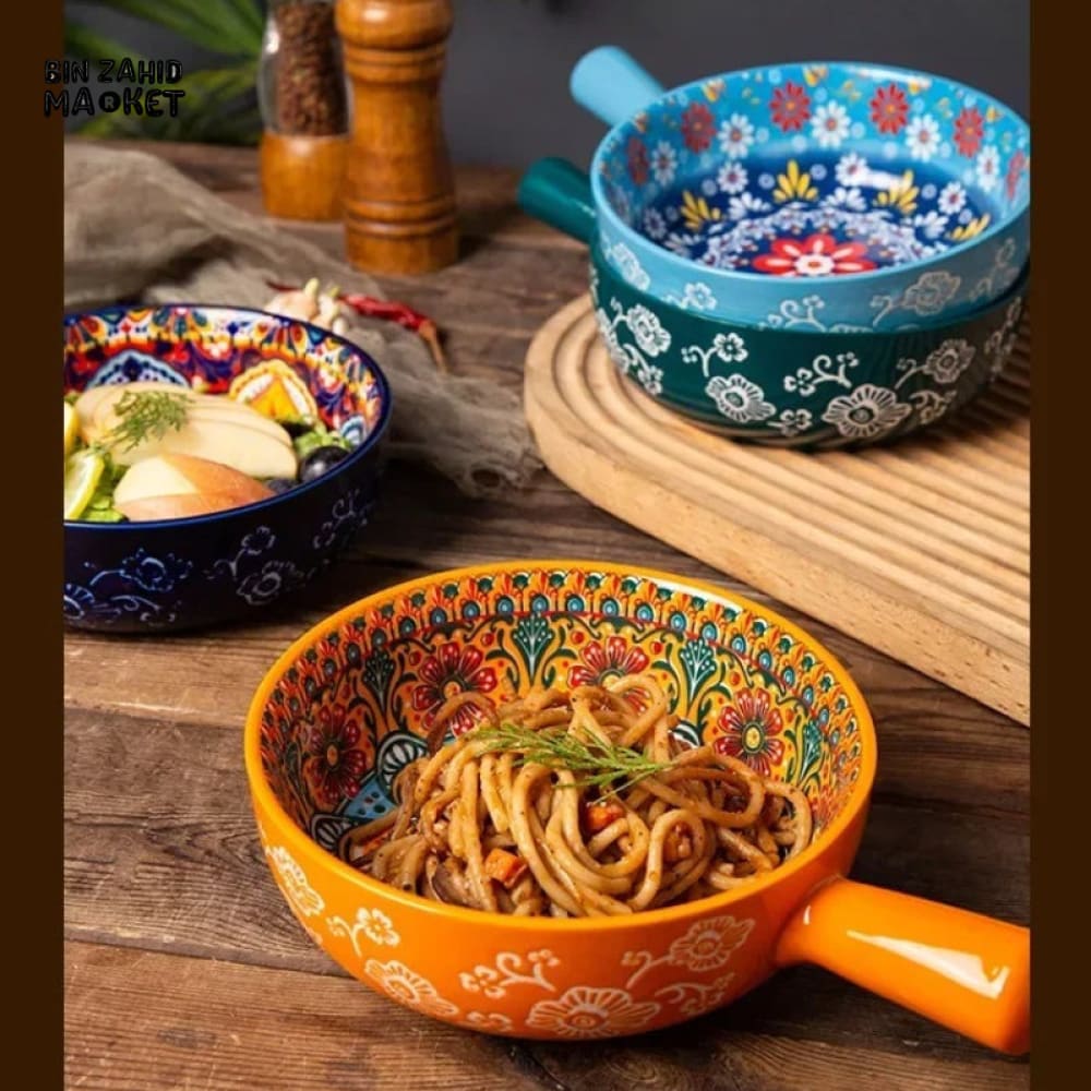 RETRO CERAMIC BOWLS WITH HANDLES 1 PIECES – MULTIPURPOSE RICE NOODLE & SALAD BOWLS