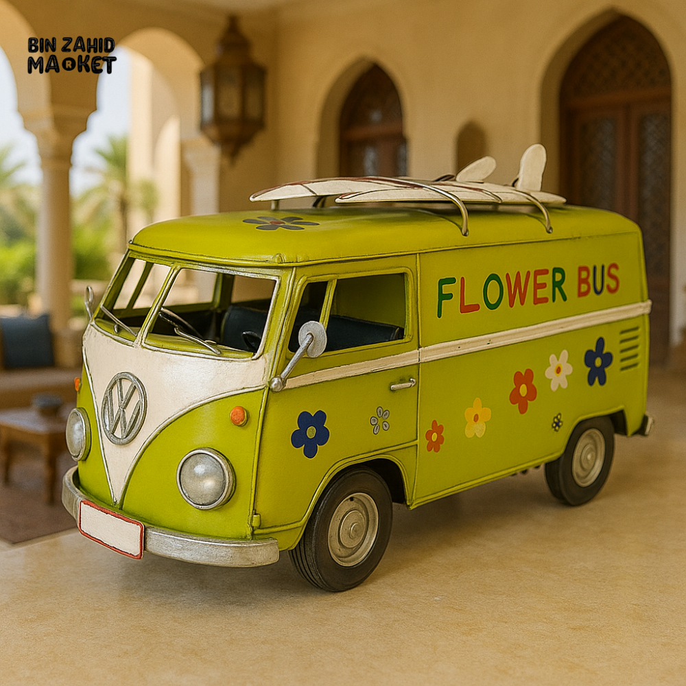 RETRO FLOWER BUS MINIATURE – VINTAGE DECOR VAN WITH SURFBOARD TOP