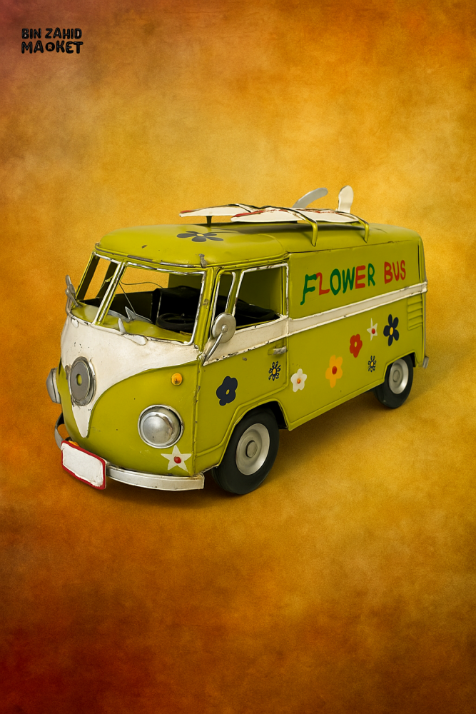 RETRO FLOWER BUS MINIATURE – VINTAGE DECOR VAN WITH SURFBOARD TOP