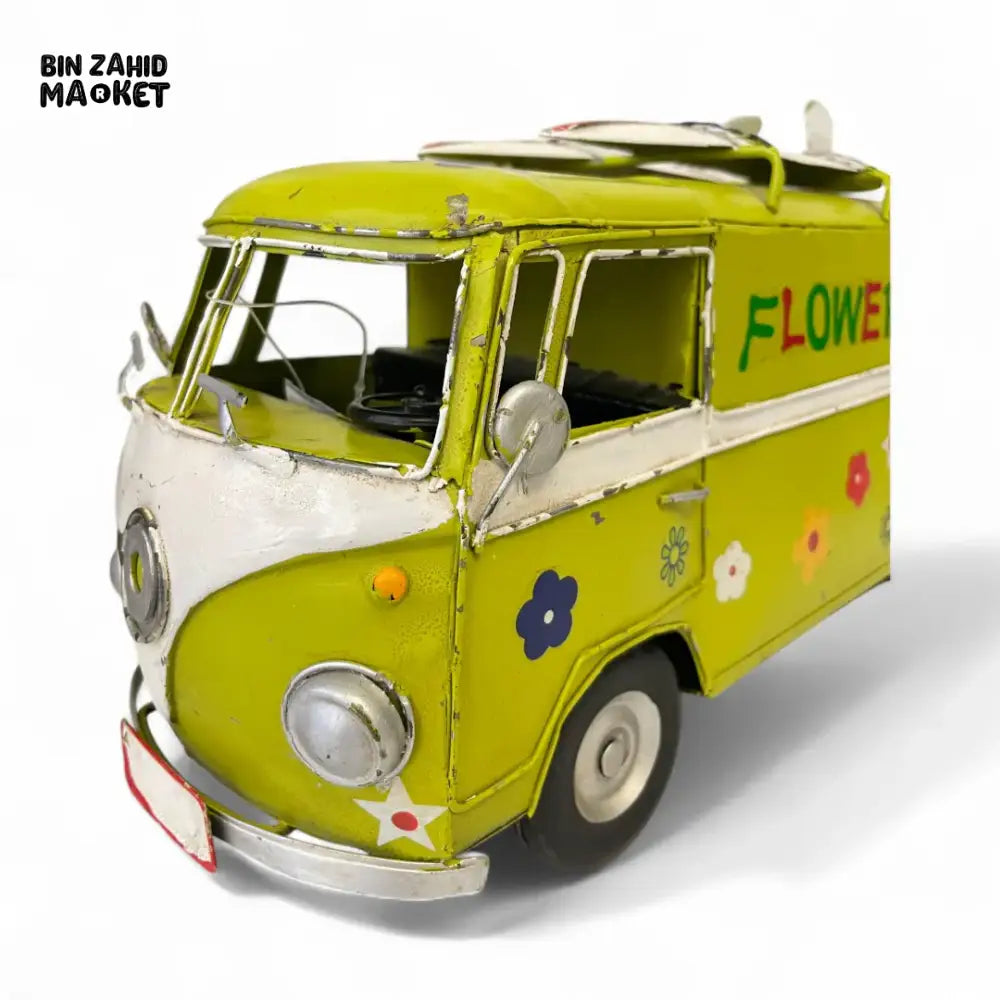 RETRO FLOWER BUS MINIATURE – VINTAGE DECOR VAN WITH SURFBOARD TOP