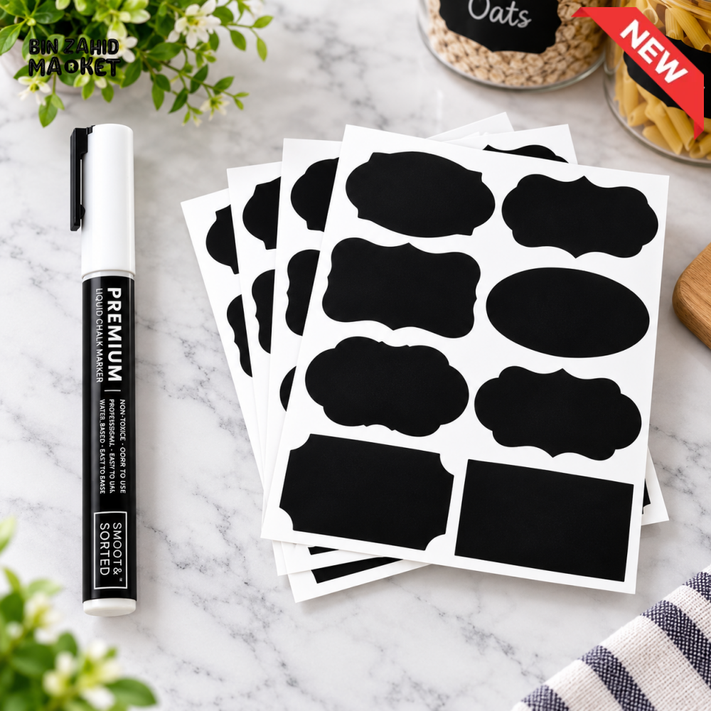 REUSABLE CHALKBOARD LABEL STICKER SET WITH LIQUID CHALK MARKER