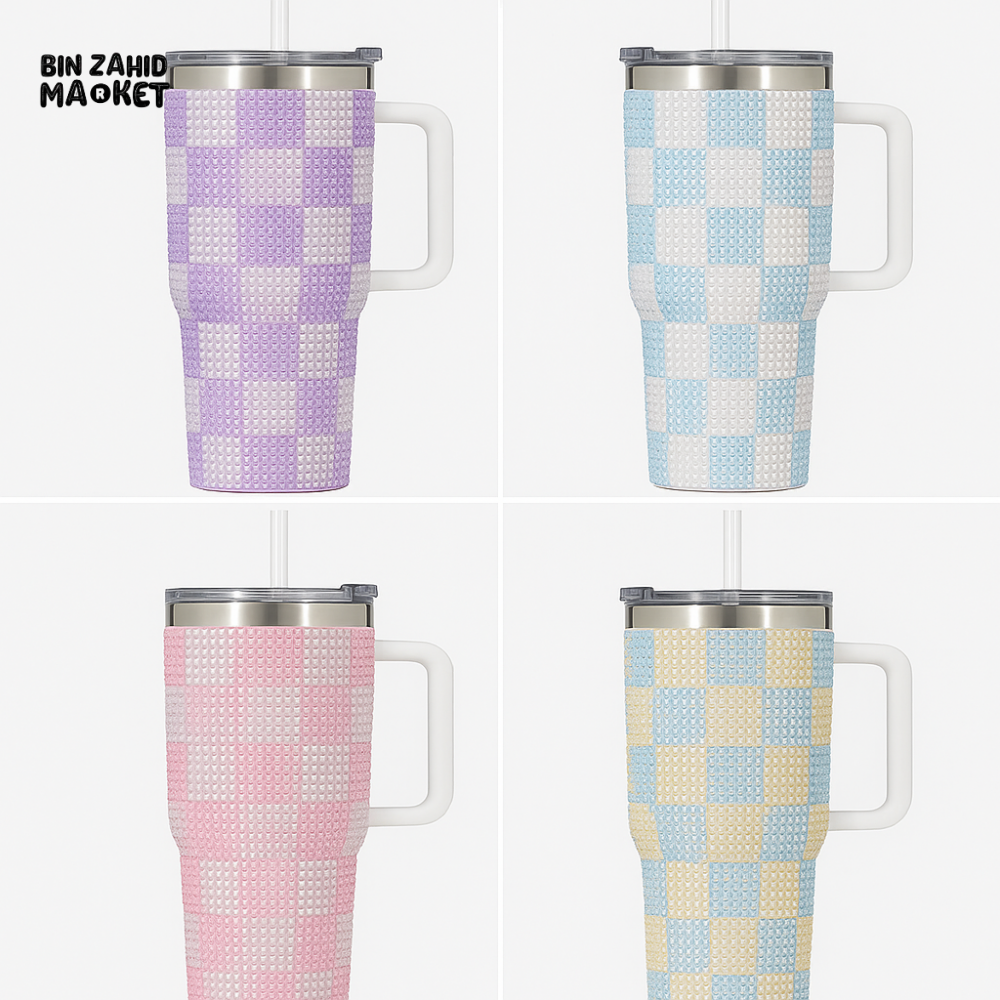 RHINESTONE TUMBLER – 40OZ 1200ML SPARKLING DRINKWARE - CHECKERED WHITE AND YELLOW