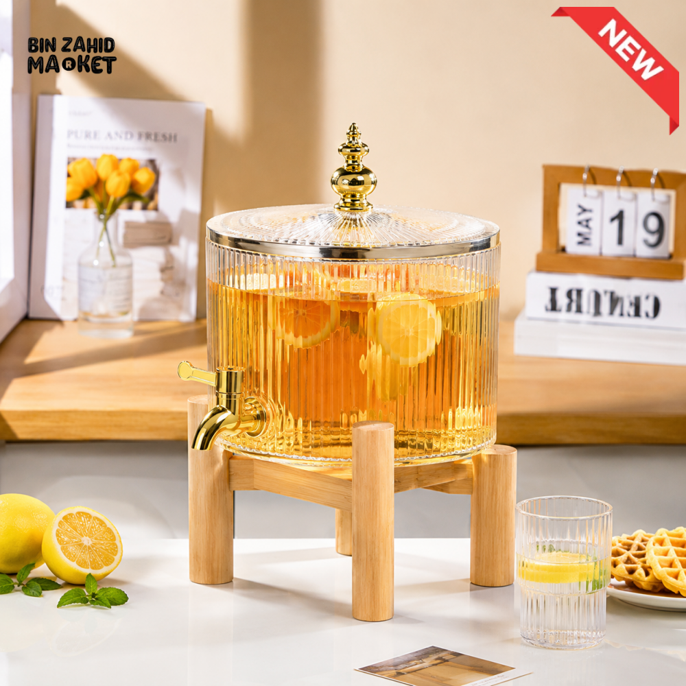 RIBBED GLASS BEVERAGE DISPENSER WITH BAMBOO STAND & GOLD FAUCET - 3.2 LITER