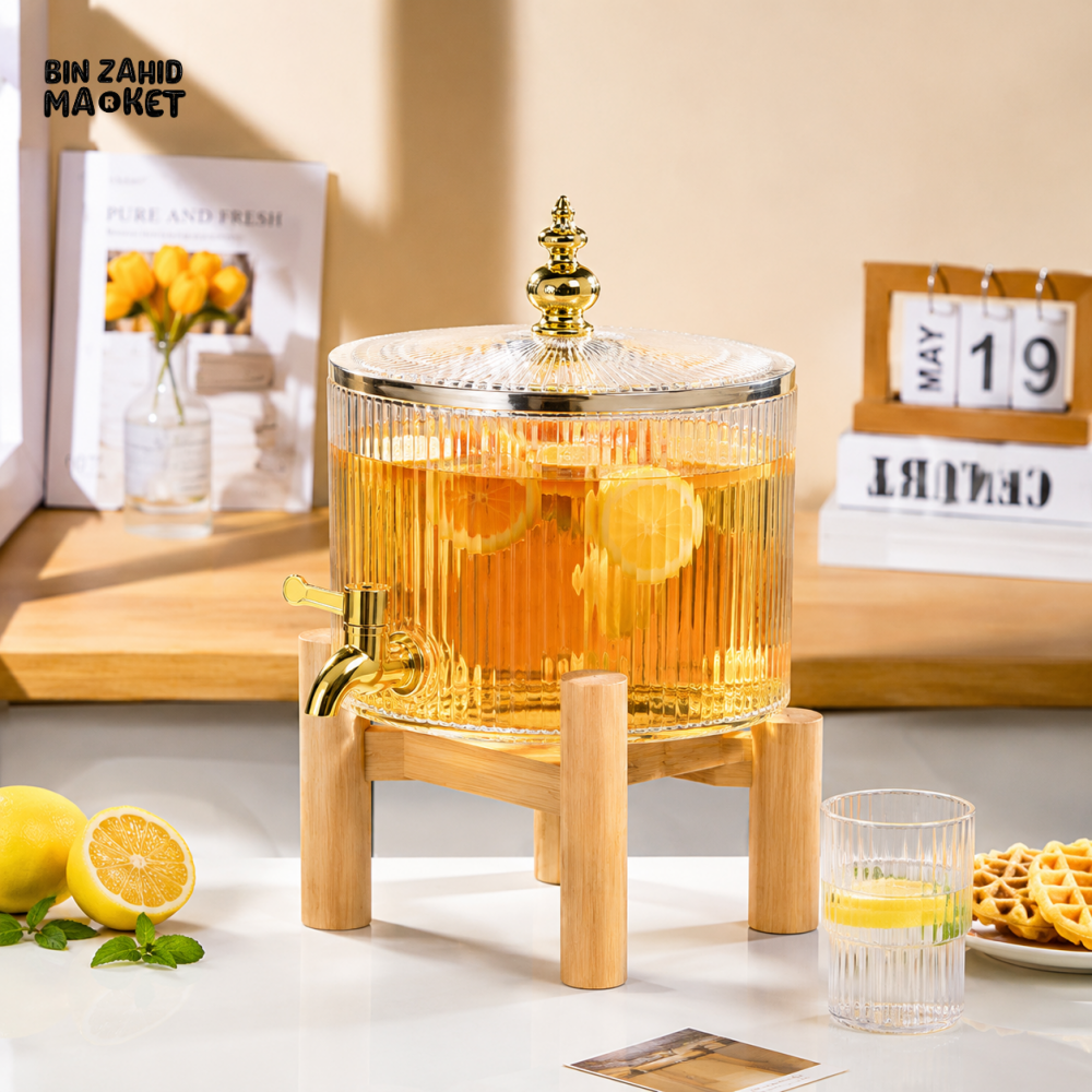 RIBBED GLASS BEVERAGE DISPENSER WITH BAMBOO STAND & GOLD FAUCET - 3.2 LITER