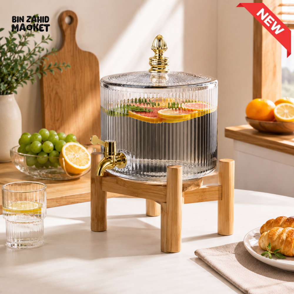 RIBBED GLASS BEVERAGE DISPENSER WITH WOODEN STAND & GOLD TAP - 3.2 LITER