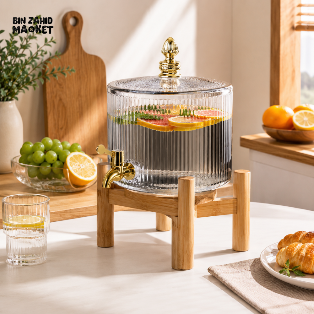 RIBBED GLASS BEVERAGE DISPENSER WITH WOODEN STAND & GOLD TAP - 3.2 LITER
