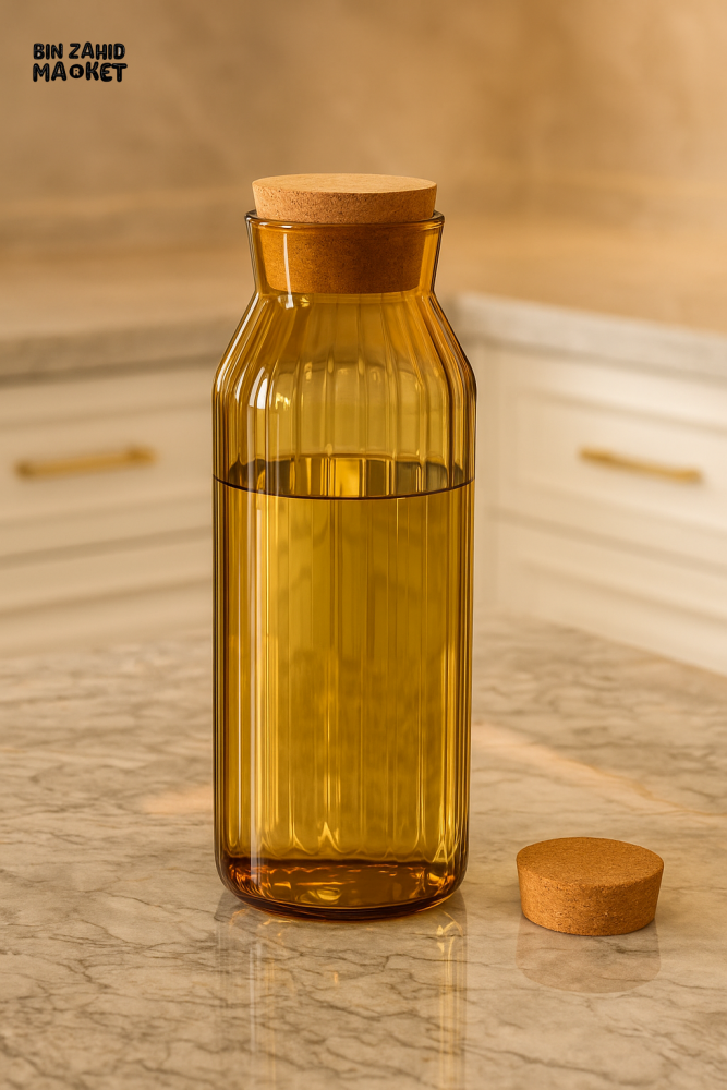 RIBBED GLASS CORK BOTTLE ELEGANT AMBER STORAGE JAR FOR WATER JUICE & KITCHEN DISPLAY