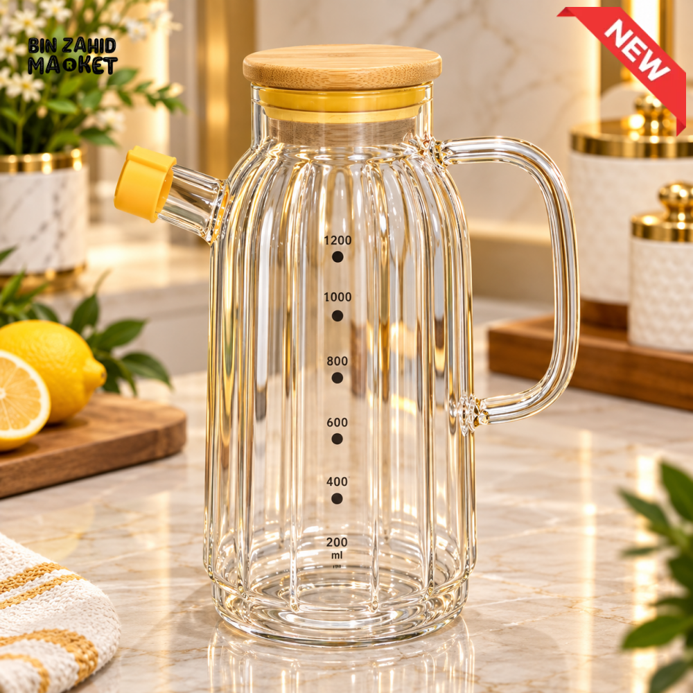 RIBBED GLASS WATER PITCHER WITH BAMBOO LID AND HANDLE - Jugs & Pitchers