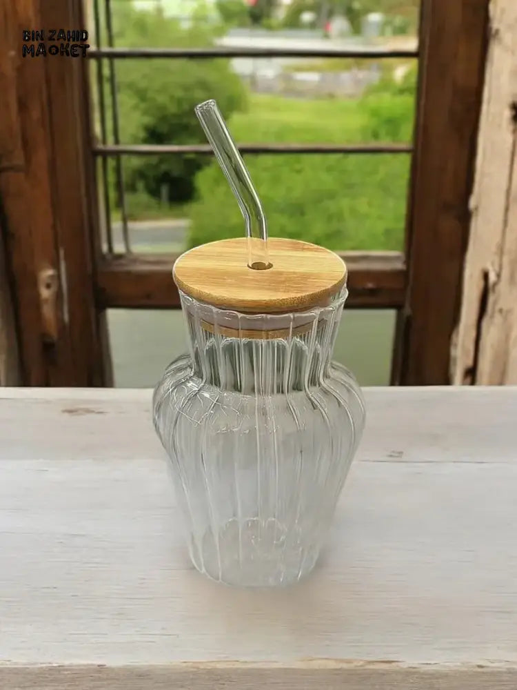 RIBBED & PLAIN GLASS TUMBLER BAMBOO LID & STRAW 450ML