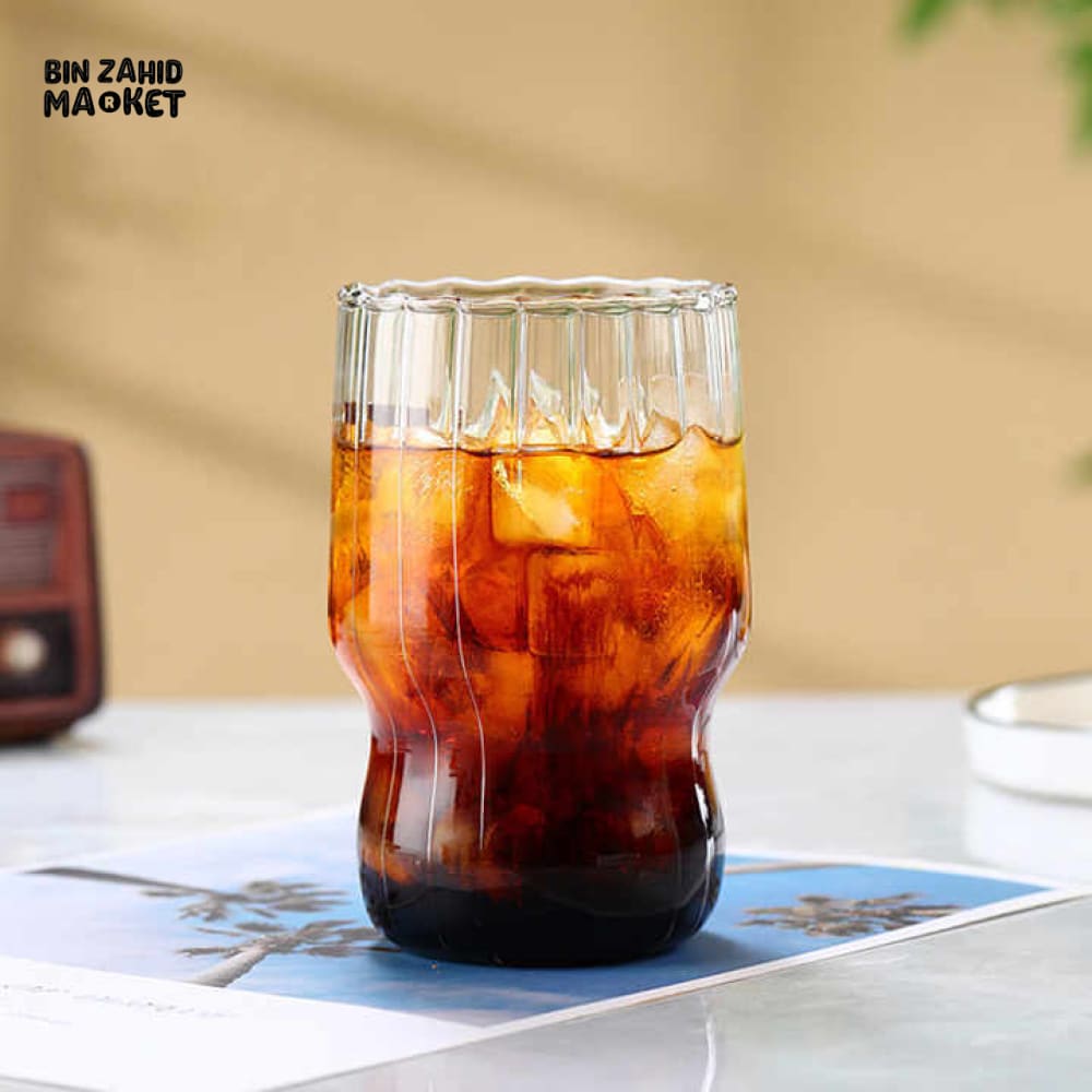 RIBBED & PLAIN TRANSPARENT DRINKING GLASS TUMBLER WITH BAMBOO LID & GLASS STRAW 400ML