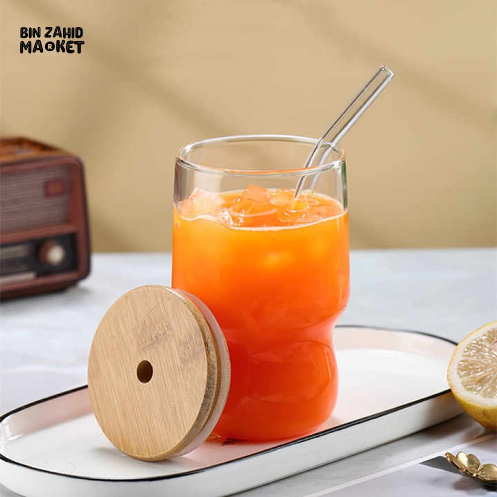 RIBBED & PLAIN TRANSPARENT DRINKING GLASS TUMBLER WITH BAMBOO LID & GLASS STRAW 400ML PLAIN