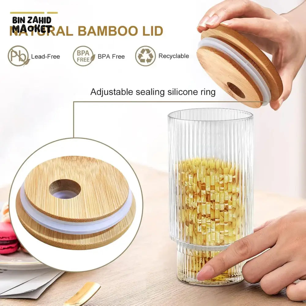 RIBBED TUMBLER WITH LID AND STRAW CLEAR TRANSPARENT DRINKING CUP STYLISH REUSABLE GLASS FOR JUICE COFFEE & TEA