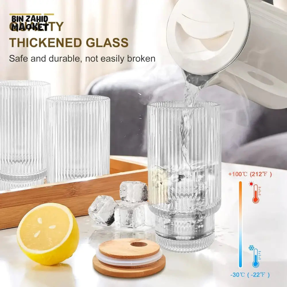 RIBBED TUMBLER WITH LID AND STRAW CLEAR TRANSPARENT DRINKING CUP STYLISH REUSABLE GLASS FOR JUICE COFFEE & TEA