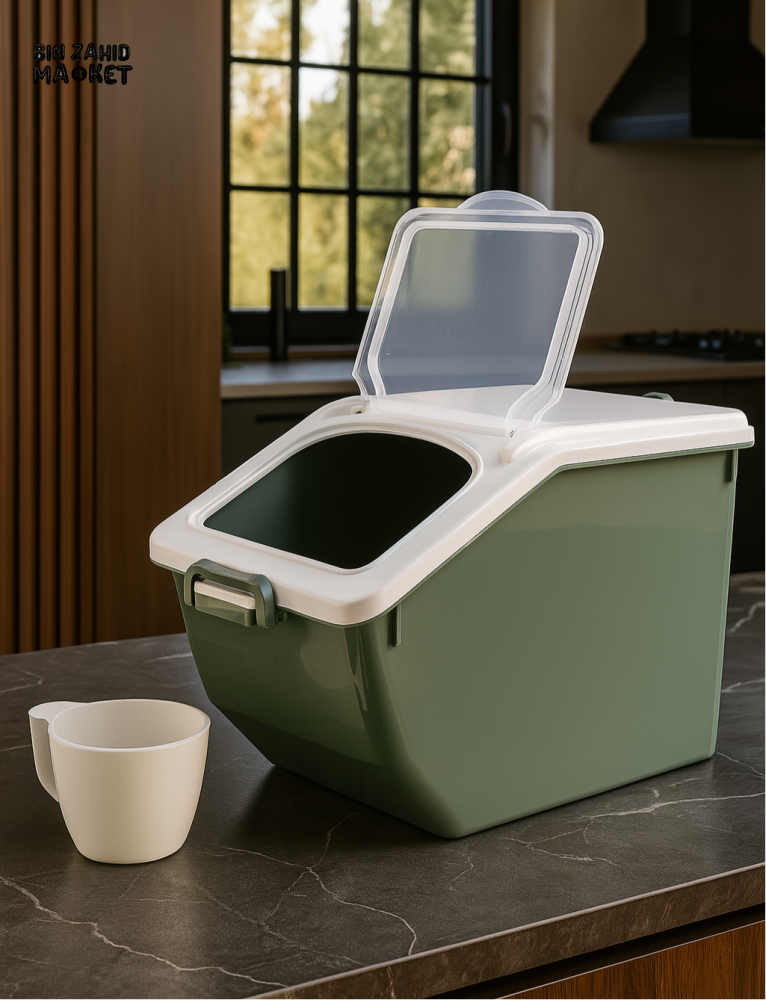 RICE STORAGE BOX – LARGE CAPACITY FOOD CONTAINER & DISPENSER FOR FLOUR CEREAL PET FOOD KITCHEN STORAGE ORGANIZER