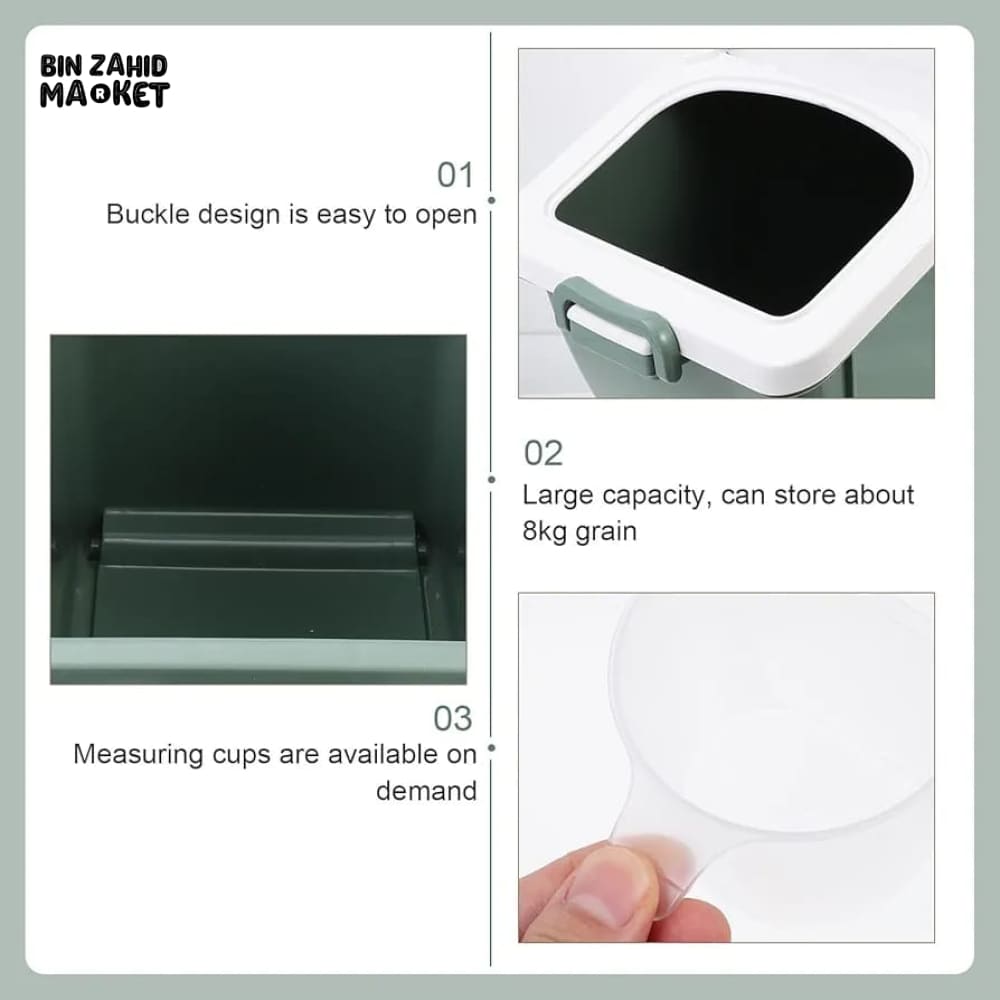 RICE STORAGE BOX – LARGE CAPACITY FOOD CONTAINER & DISPENSER FOR FLOUR CEREAL PET FOOD KITCHEN STORAGE ORGANIZER
