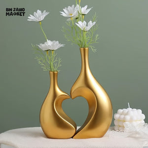 ROMANTIC HEART SHAPED CERAMIC VASE SET - LUXURY GOLDEN DECOR COUPLE FIGURINE