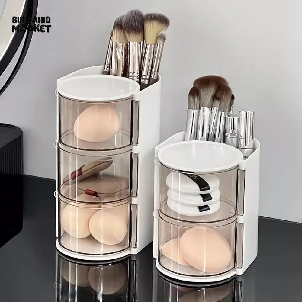 ROTATING COSMETIC STORAGE BOX 3-PARTITION – DUSTPROOF MAKEUP ORGANIZER FOR PUFFS BRUSHES & COTTON PADS