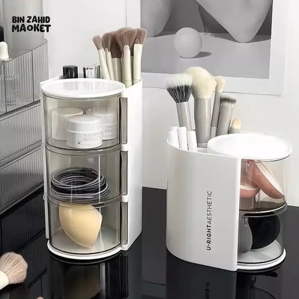 ROTATING COSMETIC STORAGE BOX 3-PARTITION – DUSTPROOF MAKEUP ORGANIZER FOR PUFFS BRUSHES & COTTON PADS