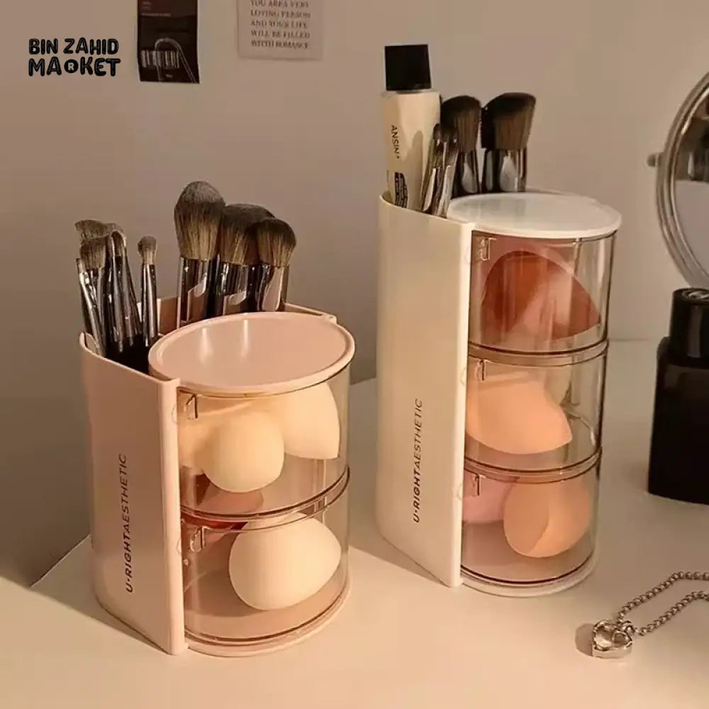 ROTATING COSMETIC STORAGE BOX 3-PARTITION – DUSTPROOF MAKEUP ORGANIZER FOR PUFFS BRUSHES & COTTON PADS