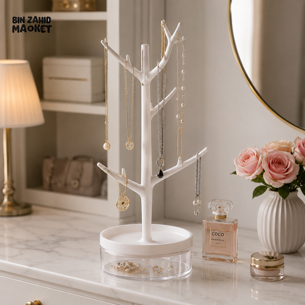 ROTATING JEWELRY TREE STAND WITH STORAGE TRAY