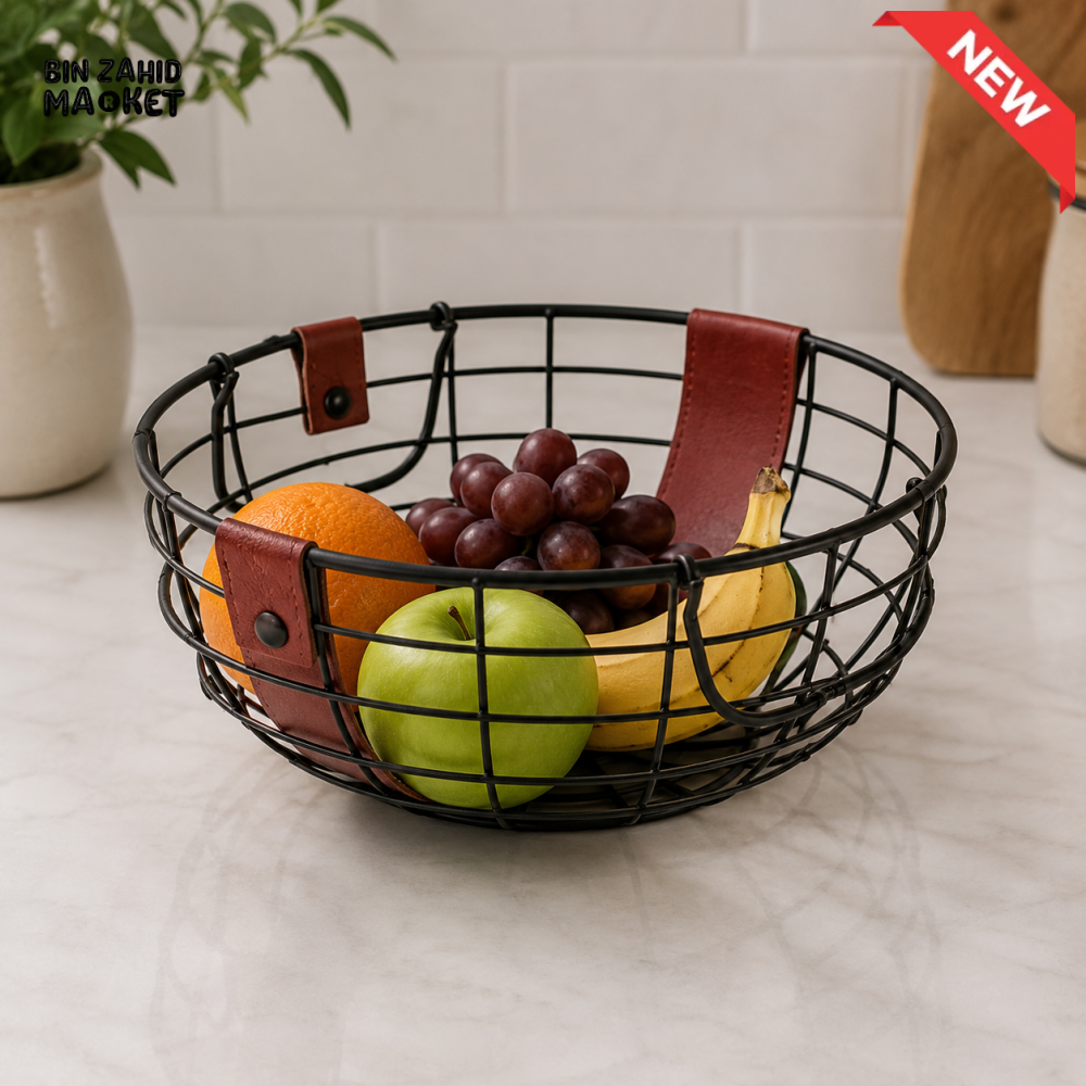 ROUND BLACK METAL WIRE FRUIT BASKET WITH DECORATIVE STRAPS