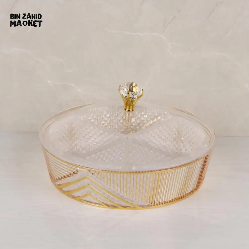 ROUND GILDED ACRYLIC TRAY 4-SECTION DIVIDER WITH CLEAR LID ELEGANT STORAGE & SERVING DISPLAY